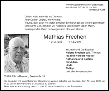 Traueranzeige von Mathias Frechen von Super Sonntag / Super Mittwoch