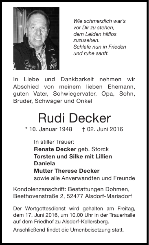  Traueranzeige für Rudi Decker vom 12.06.2016 aus Super Sonntag / Super Mittwoch