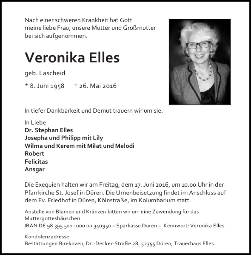  Traueranzeige für Veronika Elles vom 11.06.2016 aus Aachener Zeitung / Aachener Nachrichten