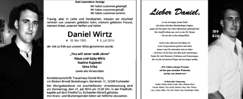  Traueranzeige für Daniel Wirtz vom 17.07.2016 aus Super Sonntag / Super Mittwoch