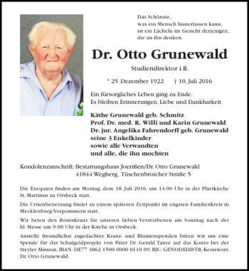 Traueranzeige von Dr. Otto Grunewald von Aachener Zeitung / Aachener Nachrichten