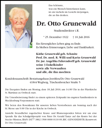 Traueranzeige von Dr. Otto Grunewald von Super Sonntag / Super Mittwoch