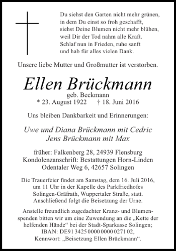 Traueranzeige von Ellen Brückmann von Aachener Zeitung / Aachener Nachrichten