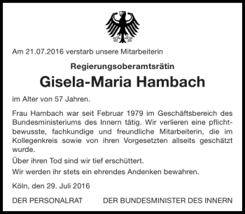 Traueranzeige von Gisela-Maria Hambach von Aachener Zeitung / Aachener Nachrichten