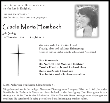 Traueranzeige von Gisela Maria Hambach geb. Breinig von Aachener Zeitung / Aachener Nachrichten