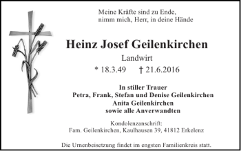 Traueranzeige von Heinz Josef Geilenkirchen von Super Sonntag / Super Mittwoch