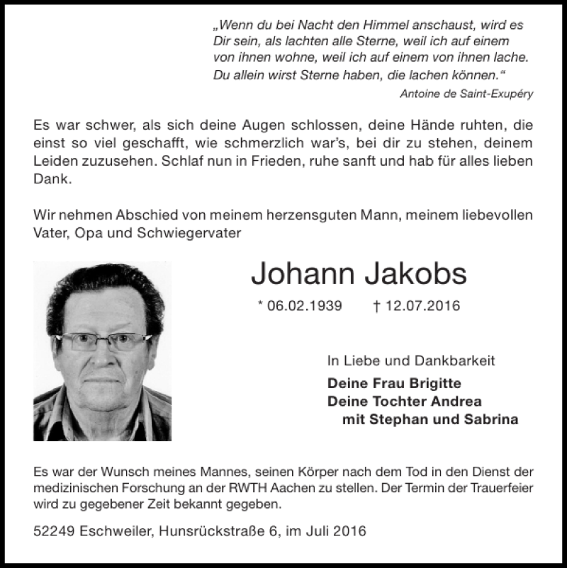  Traueranzeige für Johann Jakobs vom 17.07.2016 aus Super Sonntag / Super Mittwoch