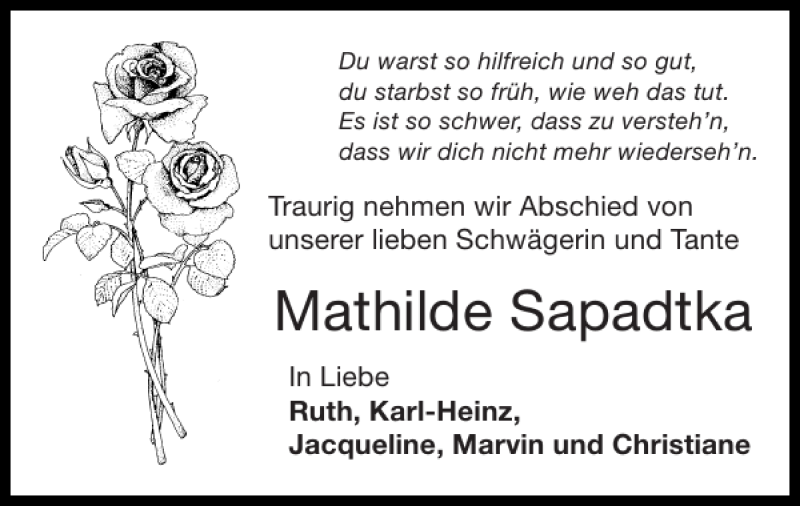  Traueranzeige für Mathilde Sapadtka vom 24.07.2016 aus Super Sonntag / Super Mittwoch
