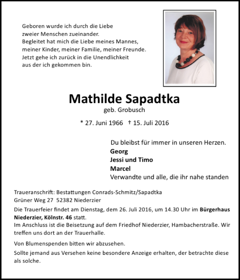  Traueranzeige für Mathilde Sapadtka vom 24.07.2016 aus Super Sonntag / Super Mittwoch