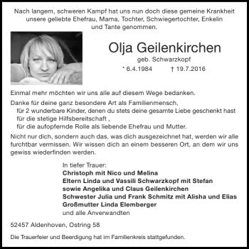 Traueranzeige von Olja Geilenkirchen von Super Sonntag / Super Mittwoch
