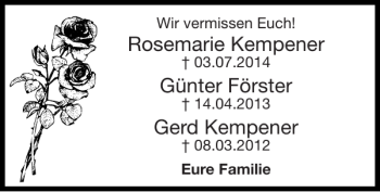 Traueranzeige von Rosemarie Kempener Günter Förster Gerd Kempener  von Super Sonntag / Super Mittwoch