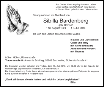 Traueranzeige von Sibilla Bardenberg von Super Sonntag / Super Mittwoch
