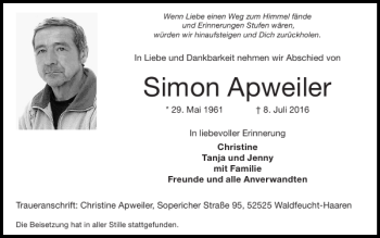 Traueranzeige von Simon Apweiler von Super Sonntag / Super Mittwoch