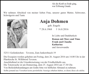 Traueranzeige von Anja Dohmen geb. Engels von Super Sonntag / Super Mittwoch
