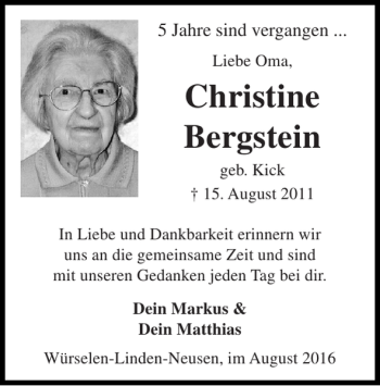 Traueranzeige von Christine Bergstein von Super Sonntag / Super Mittwoch