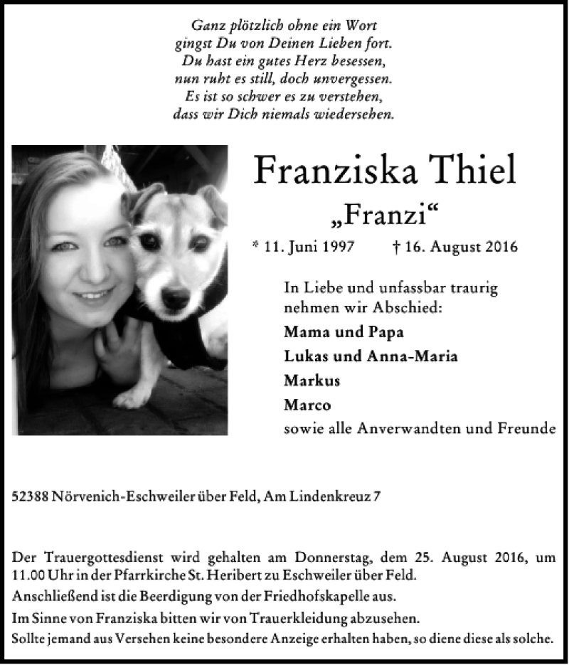  Traueranzeige für Franziska Thiel vom 21.08.2016 aus Super Sonntag / Super Mittwoch