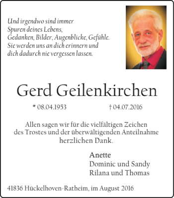 Traueranzeige von Gerd Geilenkirchen von Super Sonntag / Super Mittwoch