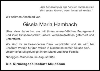 Traueranzeige von Gisela Maria Hambach von Super Sonntag / Super Mittwoch