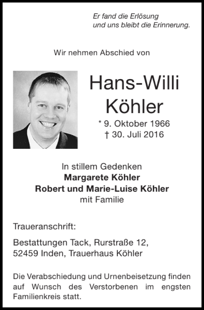  Traueranzeige für Hans-Willi Köhler vom 07.08.2016 aus Super Sonntag / Super Mittwoch