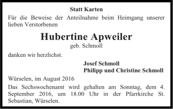 Traueranzeige von Hubertine Apweiler von Super Sonntag / Super Mittwoch