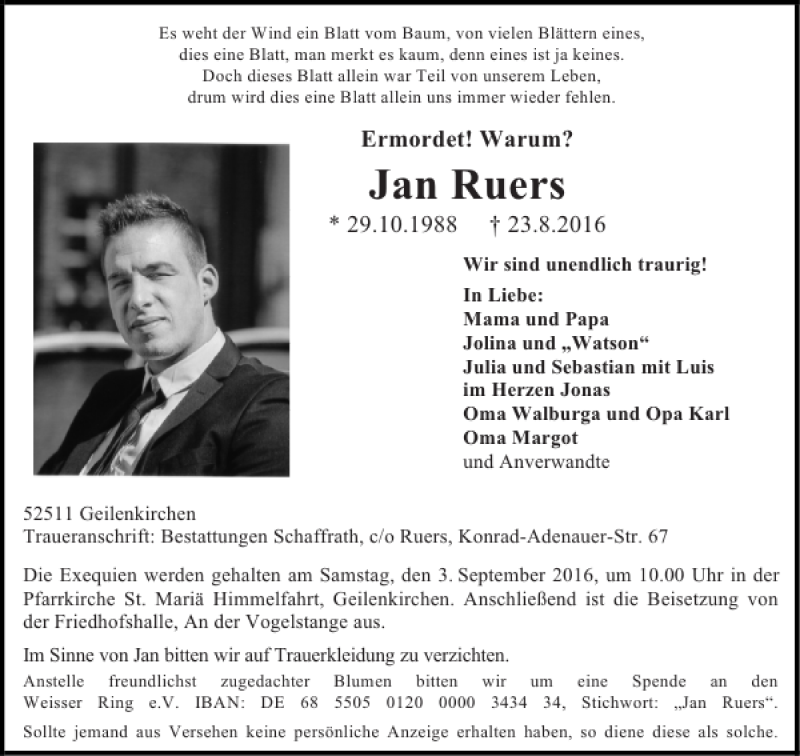  Traueranzeige für Jan Ruers vom 30.08.2016 aus Aachener Zeitung / Aachener Nachrichten
