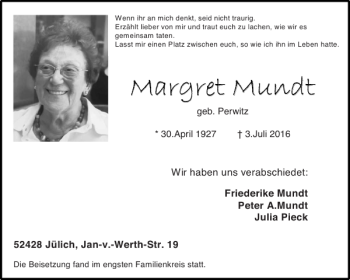 Traueranzeige von Margret Mundt von Aachener Zeitung / Aachener Nachrichten