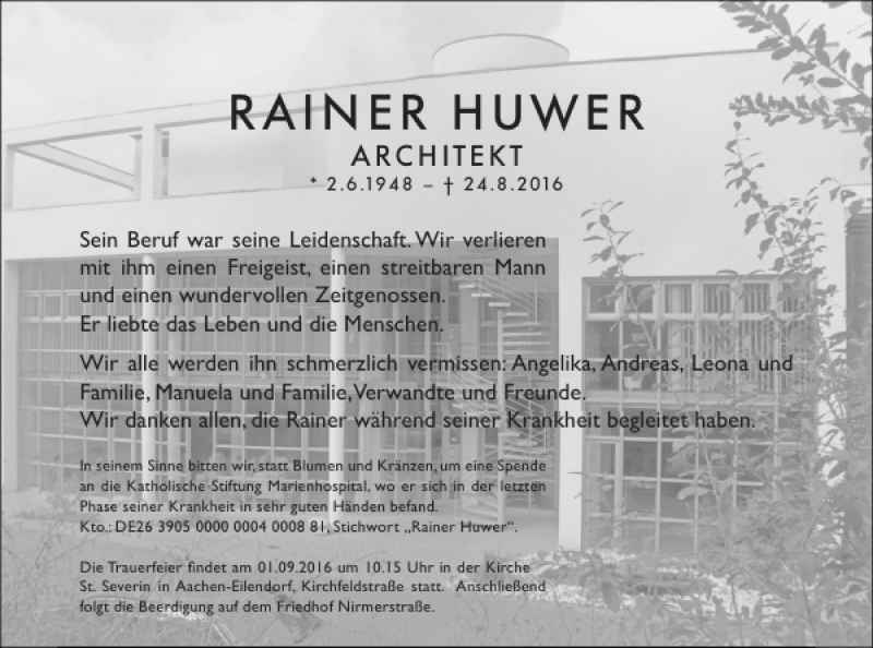  Traueranzeige für RAINER HUWER vom 27.08.2016 aus Aachener Zeitung / Aachener Nachrichten