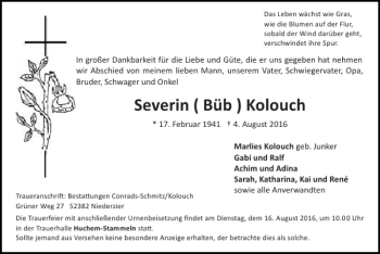Traueranzeige von Severin Büb Kolouch von Super Sonntag / Super Mittwoch