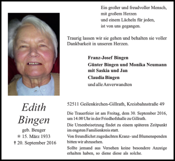 Traueranzeige von Edith Bingen von Super Sonntag / Super Mittwoch