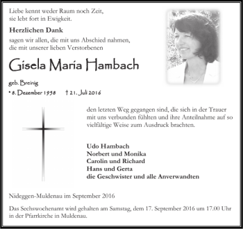 Traueranzeige von Gisela Maria Hambach von Aachener Zeitung / Aachener Nachrichten