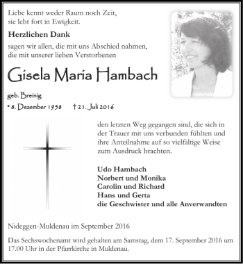 Traueranzeige von Gisela Maria Hambach von Super Sonntag / Super Mittwoch