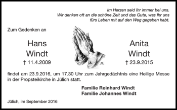 Traueranzeige von Hans Anita Windt Windt von Super Sonntag / Super Mittwoch