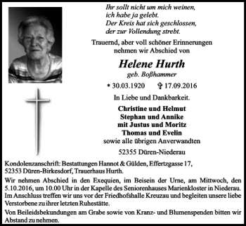 Traueranzeige von Helene Hurth von Super Sonntag / Super Mittwoch