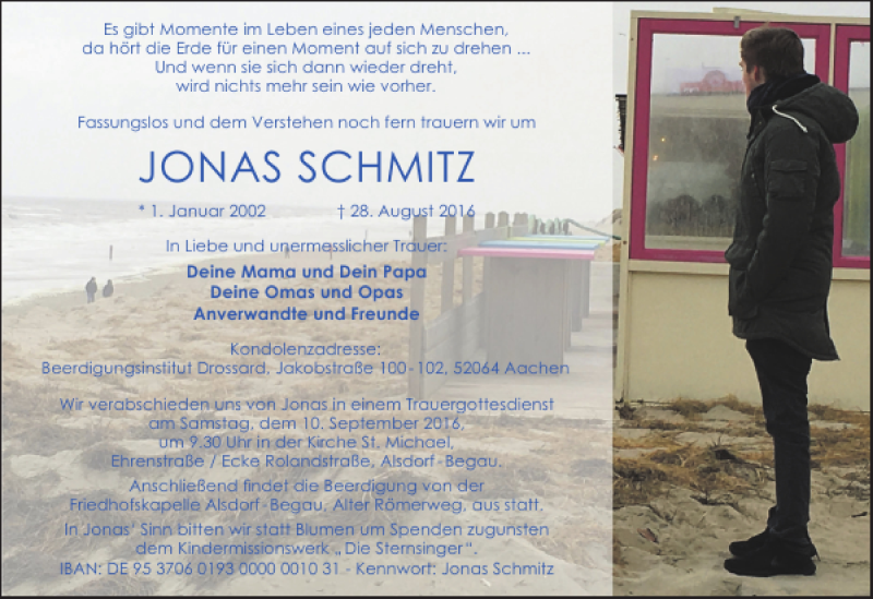  Traueranzeige für JONAS SCHMITZ vom 04.09.2016 aus Super Sonntag / Super Mittwoch