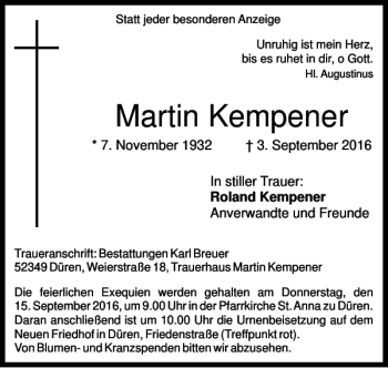 Traueranzeige von Martin Kempener von Super Sonntag / Super Mittwoch