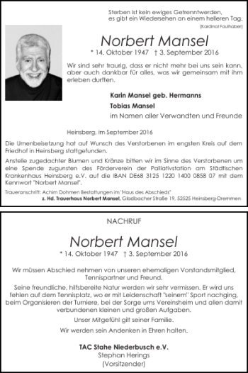 Traueranzeige von Norbert Mansel Norbert Mansel von Super Sonntag / Super Mittwoch