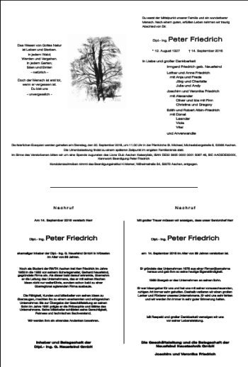 Traueranzeige von Peter Friedrich Peter Friedrich Peter Friedrich  von Aachener Zeitung / Aachener Nachrichten