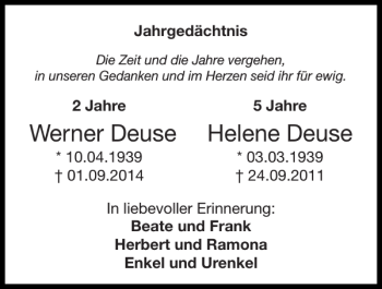 Traueranzeige von Werner Deuse Helene Deuse von Super Sonntag / Super Mittwoch