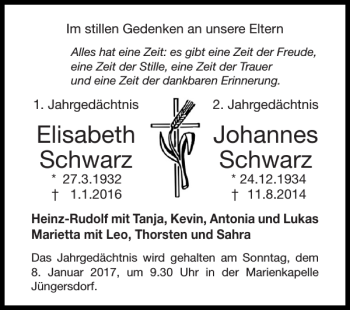 Traueranzeige von Elisabeth Johannes Schwarz Schwarz von Super Sonntag / Super Mittwoch