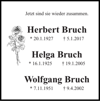 Traueranzeige von Herbert Bruch Helga Bruch Wolfgang Bruch  von Super Sonntag / Super Mittwoch