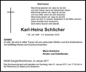 Traueranzeige von Karl-Heinz Schlicher von Super Sonntag / Super Mittwoch