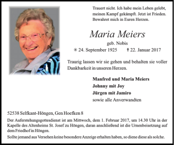 Traueranzeige von Maria Meiers von Super Sonntag / Super Mittwoch