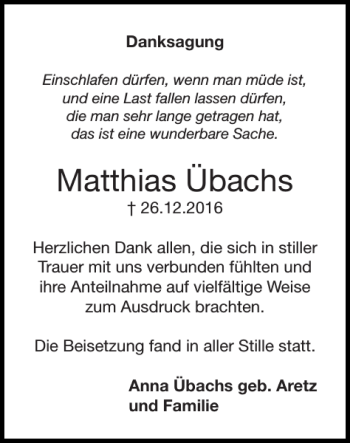 Traueranzeige von Matthias Übachs von Super Sonntag / Super Mittwoch