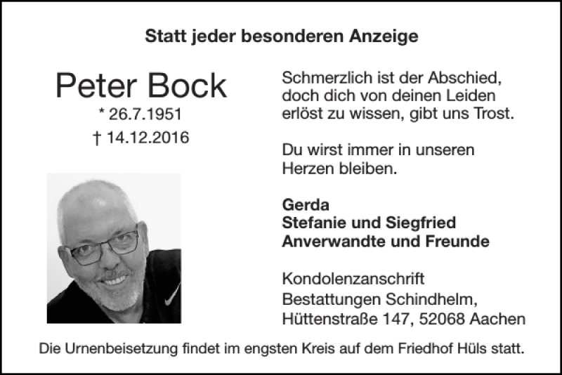  Traueranzeige für Peter Bock vom 08.01.2017 aus Super Sonntag / Super Mittwoch