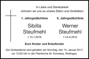 Traueranzeige von Sibilla Werner Steufmehl Steufmehl von Super Sonntag / Super Mittwoch