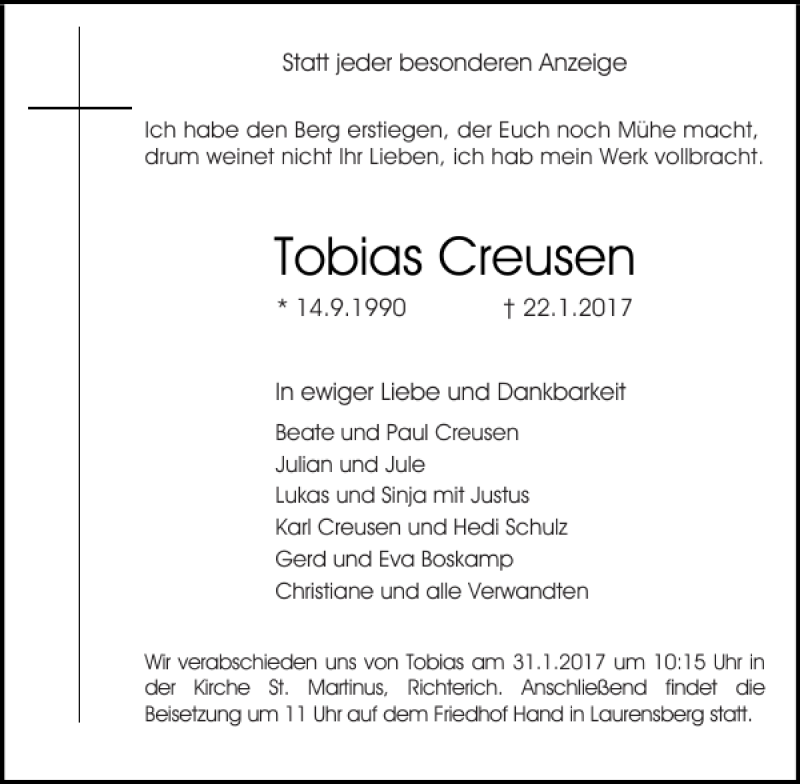  Traueranzeige für Tobias Creusen vom 28.01.2017 aus Aachener Zeitung / Aachener Nachrichten