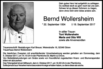 Traueranzeige von Bernd Wollersheim von Super Sonntag / Super Mittwoch