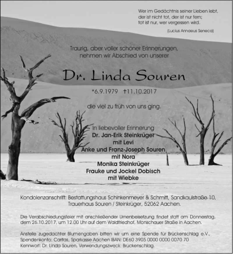  Traueranzeige für Dr. Linda Souren vom 21.10.2017 aus Aachener Zeitung / Aachener Nachrichten