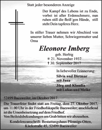Traueranzeige von Eleonore Imberg Eleonore Imberg von Super Sonntag / Super Mittwoch