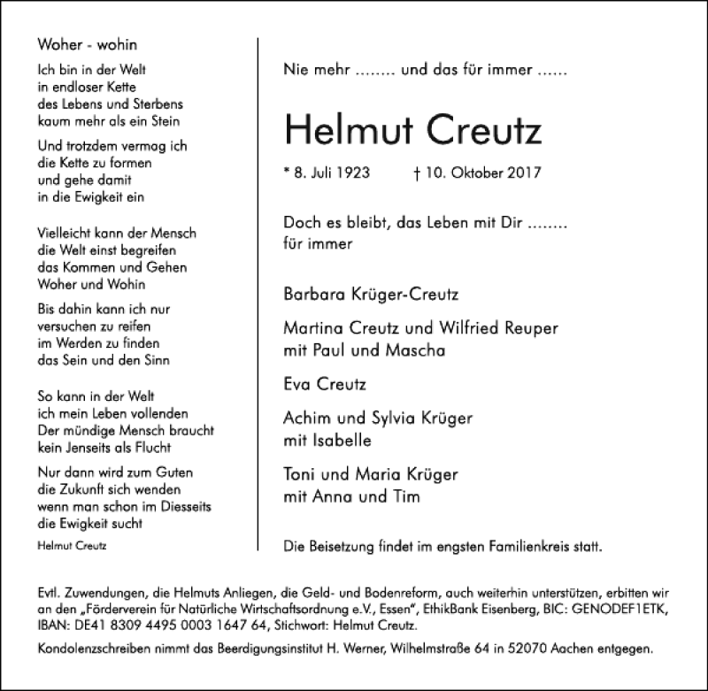  Traueranzeige für Helmut Creutz vom 14.10.2017 aus Aachener Zeitung / Aachener Nachrichten